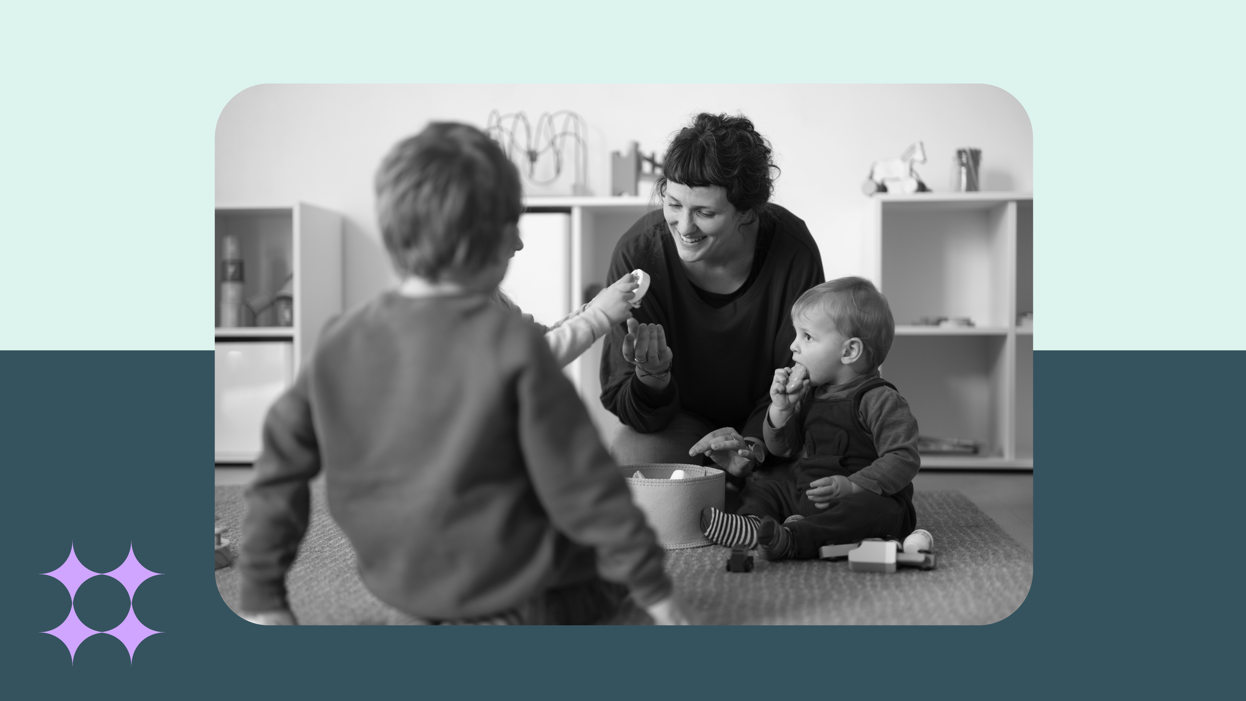 A successful babysitter hands out with three young kids